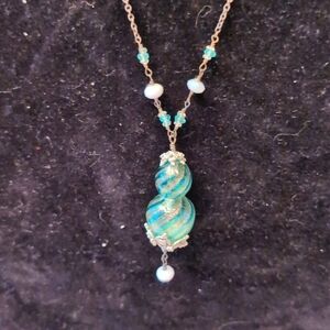 Vintage Blue and White Swirl Blown Glass Hourglass Shape and Beaded necklace